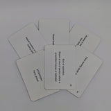 A fan of five white cards displayed on a plain surface. Each card features black text with instructions or phrases. The center card reads, "End of restriction," and shows the direction where a prescribed course is indicated—perfect for preparing for an RYA examination or obtaining your CEVNI endorsement.