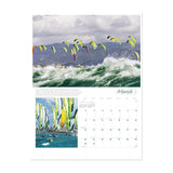 The March page of the Ultimate Sailing 2025 Calendar from Sharon Green highlights some mesmerizing photography, capturing kiteboarders navigating through dramatic waves with vivid kites set against a stunning mountain backdrop. Beneath this scene, colorful kites fill the sky, and the calendar dates are clearly displayed.