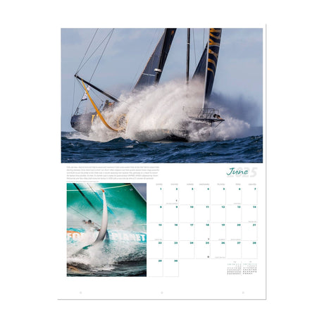 A page from the Ultimate Sailing 2025 Calendar for June features two stunning images. The larger image captures a sailboat slicing through ocean waves with water splashing dramatically, while the smaller branded image focuses on a boat sailing swiftly. Curated by Sharon Green, this calendar is a celebration of thrilling sailing events.