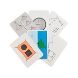 The Flip Cards: Sound and Light Signals set, by the brand Flip Cards, includes six uniquely overlapping cards decorated with abstract designs such as geometric patterns, musical notes, a showerhead illustration, and a nature-themed scene. Displayed in a fan shape against a white background, these cards provide a playful touch to the art of presentation.