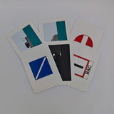 A hand of five Flip Cards - CEVNI Signs and Lights playing cards is displayed, each card featuring a minimalist abstract design. The designs include geometric shapes and color patterns on white backgrounds, such as a blue and white square, red and white circle, and an abstract cityscape inspired by inland waters.