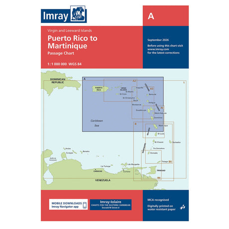 Imray Chart A: Puerto Rico to Martinique features a map cover displaying a nautical chart spanning from Puerto Rico to Martinique, highlighting sea areas and detailed bathymetric information across the Eastern Caribbean. The top and bottom of the cover show the title, chart details, Imray branding, and navigation app download information for Imray-Iolaire Caribbean charts.