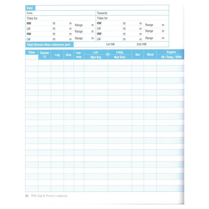 The Royal Yachting Association's RYA Sail & Power Logbook page offers columns for time, course, tides, leeway, latitude, and longitude. It reflects the RYA style with tidal data and high/low water headings to boost navigational skills for cruising boaters.