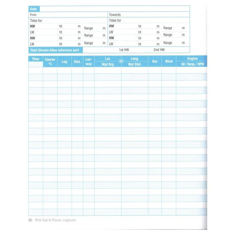 The Royal Yachting Association's RYA Sail & Power Logbook page offers columns for time, course, tides, leeway, latitude, and longitude. It reflects the RYA style with tidal data and high/low water headings to boost navigational skills for cruising boaters.