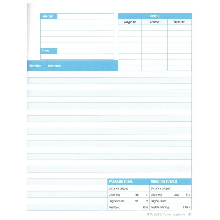 The RYA Sail & Power Logbook by the Royal Yachting Association features pages ideal for cruising boaters, with sections for forecast, crew, weather, and remarks. It includes columns to record route details and passage totals like distance, engine hours, fuel used, and remaining fuel to enhance navigational skills.