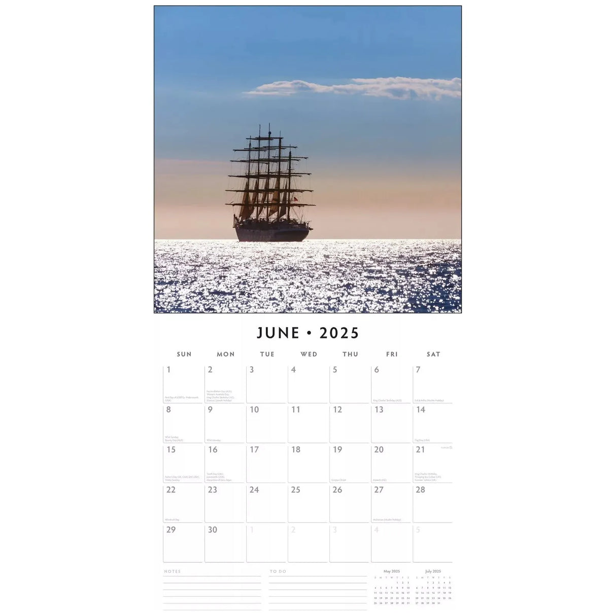 The Red Robin Tall Ships 2025 Calendar by Red Robin Publishing features a stunning June page of a majestic tall ship with multiple sails on a bright sea. Perfect for sailing enthusiasts, it includes monthly dates and space for notes and to-dos.