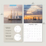 The Red Robin Tall Ships 2025 Calendar by Red Robin Publishing is a 12"x24" square wall calendar with a stunning sailing ship at sunset on the cover. Ideal for sailing enthusiasts, it includes previews like January's page with holiday markings and note spaces.