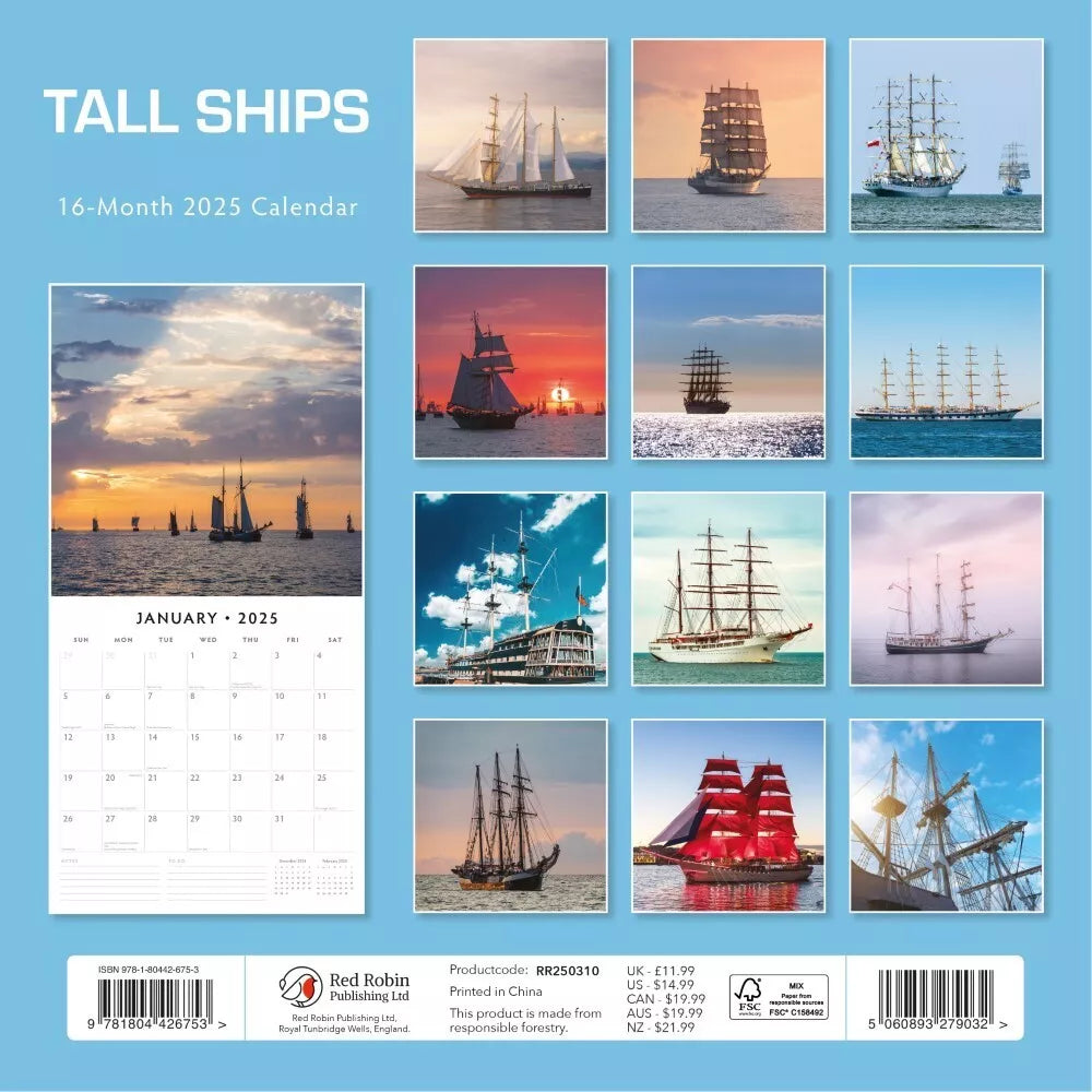 The Red Robin Tall Ships 2025 Calendar by Red Robin Publishing is perfect for sailing enthusiasts, featuring 12 stunning images of tall ships. Each month displays a different vessel under varied lighting and weather conditions. Purchase details are included on the back cover.