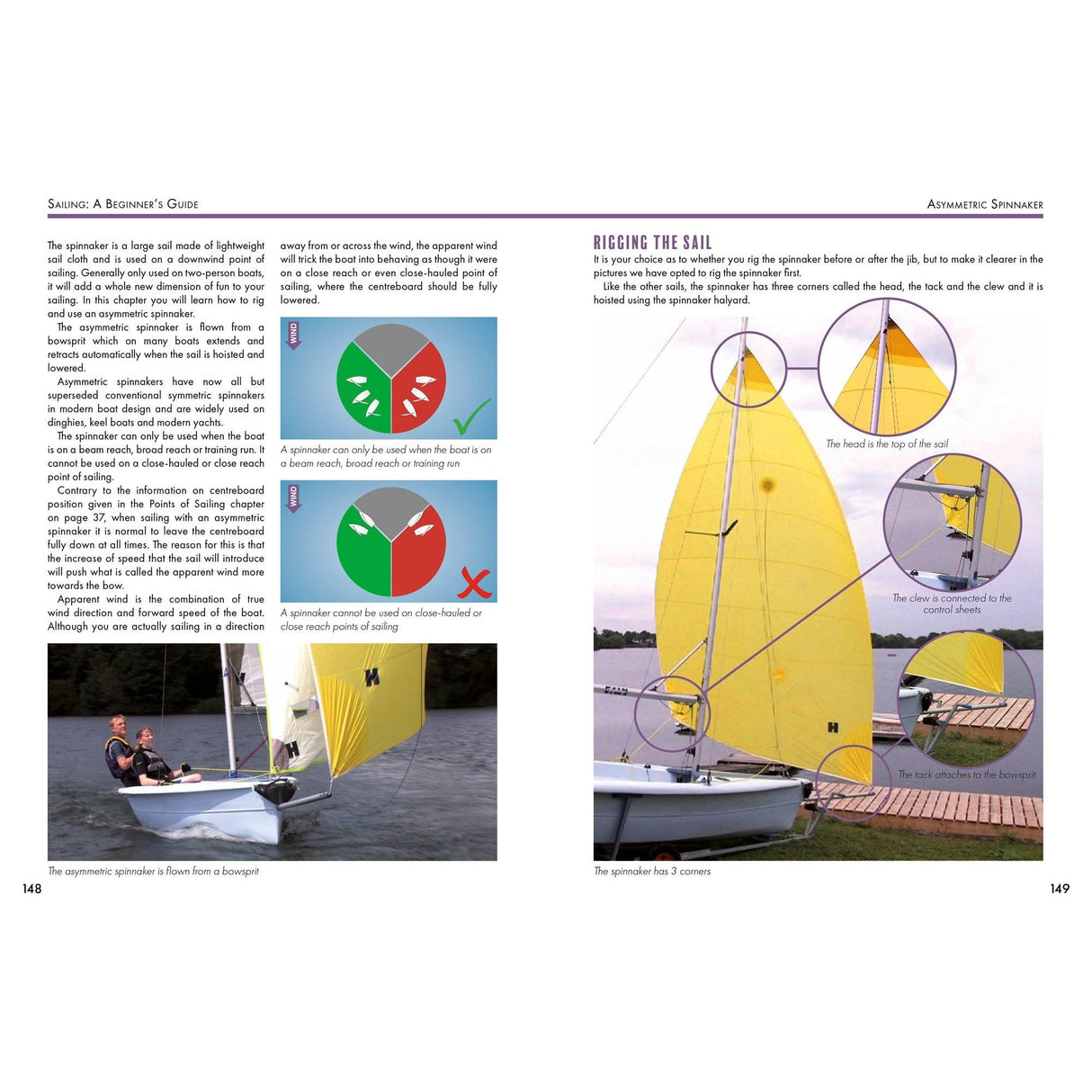 Sailing: A Beginner's Guide" by Fernhurst Books offers a thorough look at spinnaker rigging, complete with diagrams using green and red indicators for sail setup and an illustration of a sailboat with a yellow spinnaker, along with beginner sailing techniques.