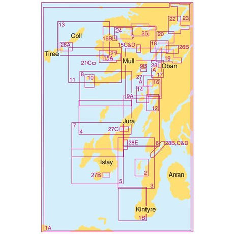 The "Admiralty Small Craft Charts - 5611 - West Coast of Scotland" by Admiralty is a yellow and blue map detailing parts of Scotland, including various islands, ideal for coastal navigation. The map features overlapping rectangular grids labeled with alphanumeric codes corresponding to specific Small Craft charts. Notable locations include Tiree, Coll, Mull, Oban, Jura, Islay, and Kintyre.