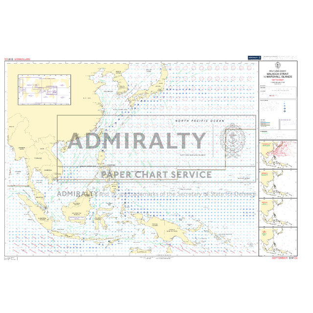 Admiralty Routeing Chart 5141(9): Malacca Strait to Marshall Islands - September by Admiralty. Features navigation markings, ocean passages, inset maps, a legend, and a prominent "ADMIRALTY" watermark across Southeast Asia to the Marshall Islands.