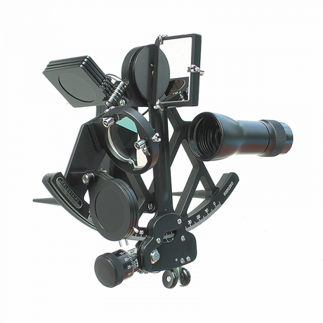 The Celestaire Astra IIIB Deluxe Sextant by SailorShop is a black, precise metal instrument equipped with a telescope attachment and an array of dials and mirrors, ideal for celestial navigation by measuring angles between celestial bodies and the horizon.