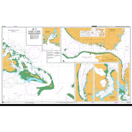 Admiralty Chart SLB102: Plans in the New Georgia Group by Admiralty provides detailed island plans, coastlines, waterways, depth markers, and navigation lines for safe navigation, including inset maps and legends for reference.