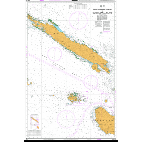 Admiralty Chart SLB303: Santa Isabel Island to Guadalcanal Island (Admiralty) details navigation markers, depth contours, and shipping routes around the Solomon Islands’ Santa Isabel and Guadalcanal.