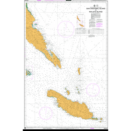 Admiralty Chart SLB305: San Cristobal Island to Malaita Island by Admiralty shows detailed coastlines, depth markings, navigation routes, compass roses, a latitude-longitude grid, and includes title and legend in the upper right corner.