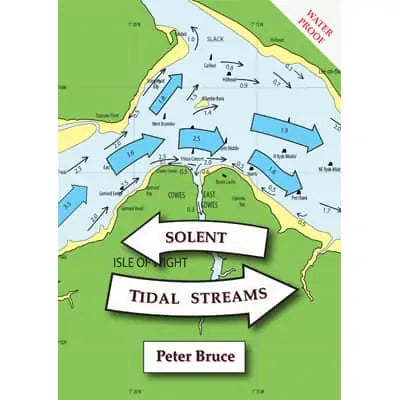 Map of Solent Tidal Streams around the Isle of Wight features blue arrows showing tidal directions and speeds for Solent navigators. Labels "Solent" and "Tidal Streams" are included, courtesy of Peter Bruce's expertise in creating tidal stream atlases. Brought to you by Boldre Marine.