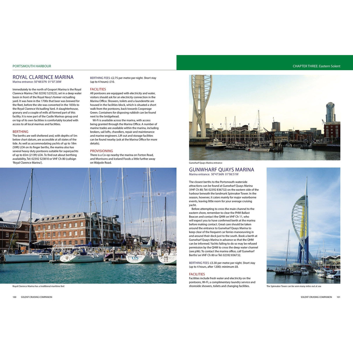 The Solent Cruising Companion by Fernhurst Books features two pages on Royal Clarence and Gunwharf Quays Marinas, with photos of boats, the Spinnaker Tower, and surrounding buildings—ideal for enthusiasts seeking pilotage information.