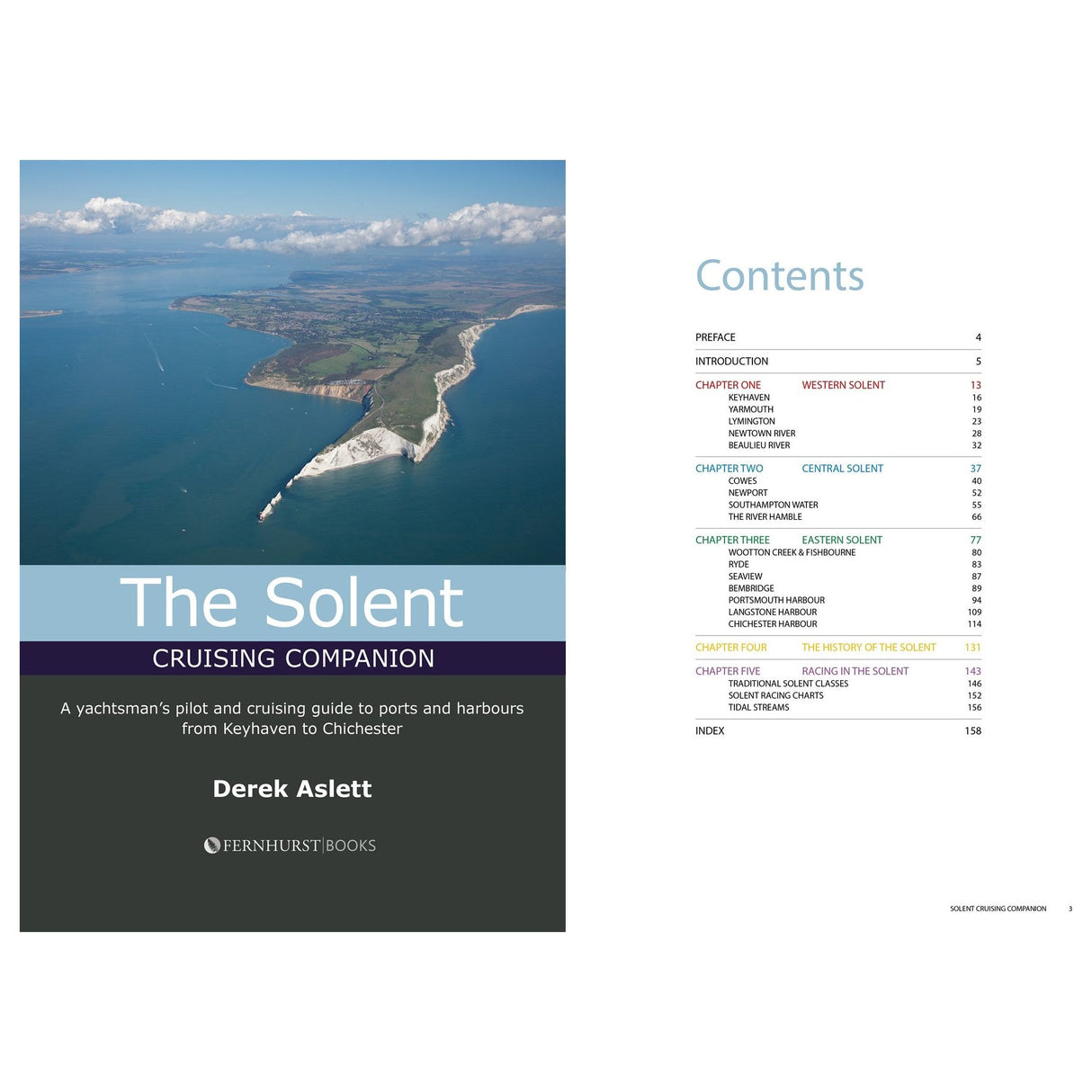 The image showcases the book cover of "Solent Cruising Companion" from Fernhurst Books by Derek Aslett, featuring an aerial view of a coastline and contents that include pilotage information, harbour guides for the Western, Central, and Eastern Solent, along with its regional history.