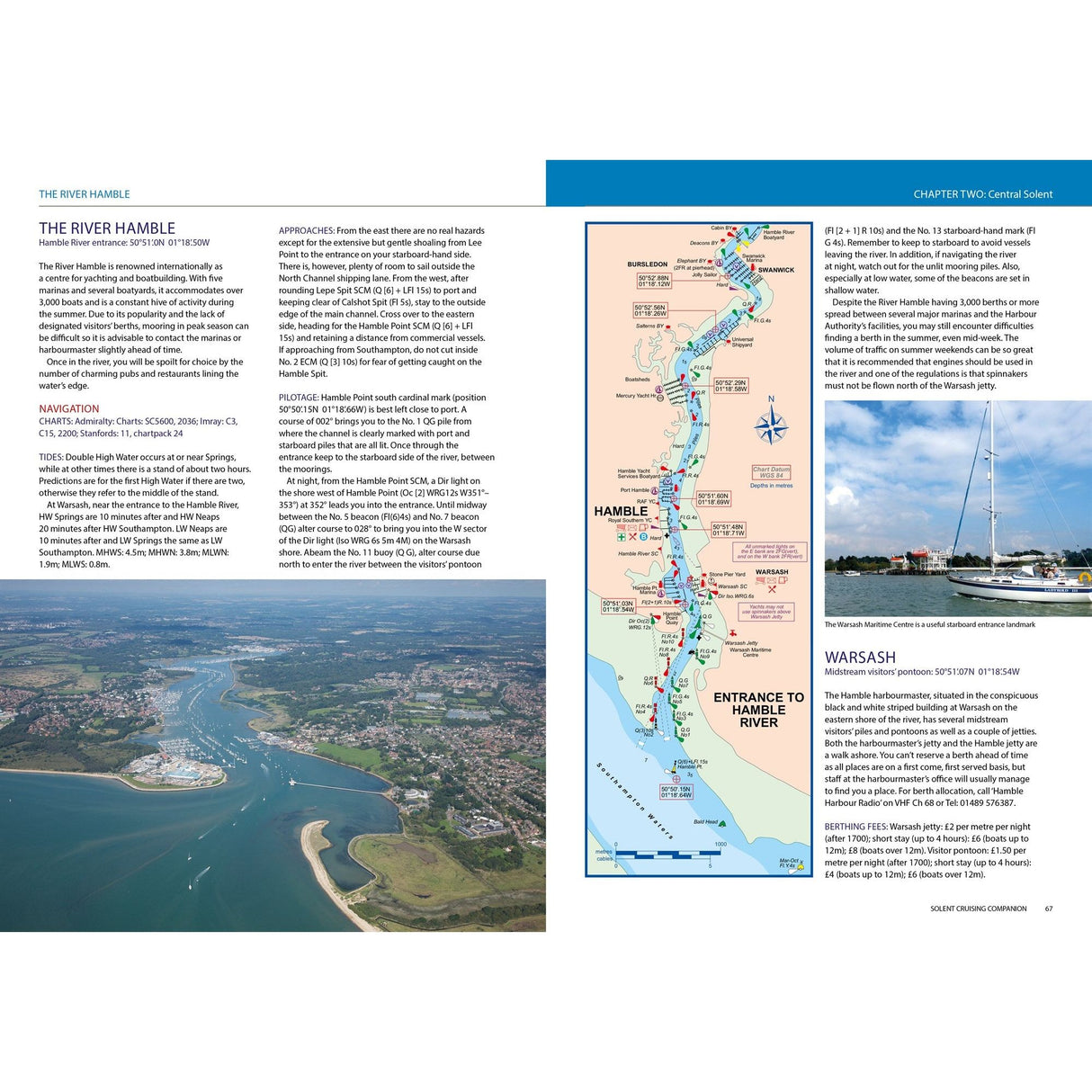 The Solent Cruising Companion by Fernhurst Books offers a detailed River Hamble map, navigation tips, and Warash descriptions. It features images of the river's entrance, boats, scenic beauty, sailing directions, and local landmarks for complete pilotage insights.