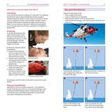 A comprehensive safety guide page in The Skipper's Pocketbook by Fernhurst Books details steps for helicopter rescue at sea. It features illustrations of a man being lifted by a helicopter in four steps, includes preparation tips, and provides information on cold shock, drowning, and rescue breaths to ensure every skipper can navigate such emergencies effectively.