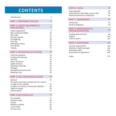 An image of "The Skipper's Pocketbook" by Fernhurst Books displays a table of contents featuring five key sections: Preparing for Sea, Safety Equipment & Procedures, Navigation & Pilotage, Collision Regulations, and Meteorology. It's an indispensable guide for mastering signals, flags, and more.