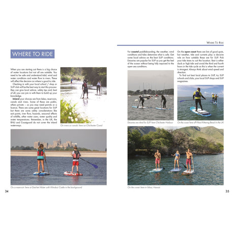 The book "Stand Up Paddleboarding: A Beginner's Guide" by Fernhurst Books includes text and four images of paddleboarders in coastal spots. Scenes feature a castle and a beach, ideal for enthusiasts exploring diverse scenic settings.