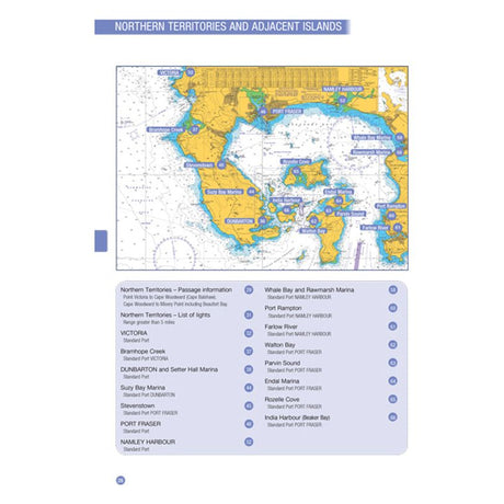 The RYA Training Almanac - Northern Hemisphere, published by the Royal Yachting Association, provides a detailed nautical chart of "Northern Territories and Adjacent Islands," highlighting marine routes and locations. An index section lists ports, marinas, and harbors in the region— including Darwin, Port Roper, Gove Marina, among others—complete with corresponding map markers for practice navigation using training tables.