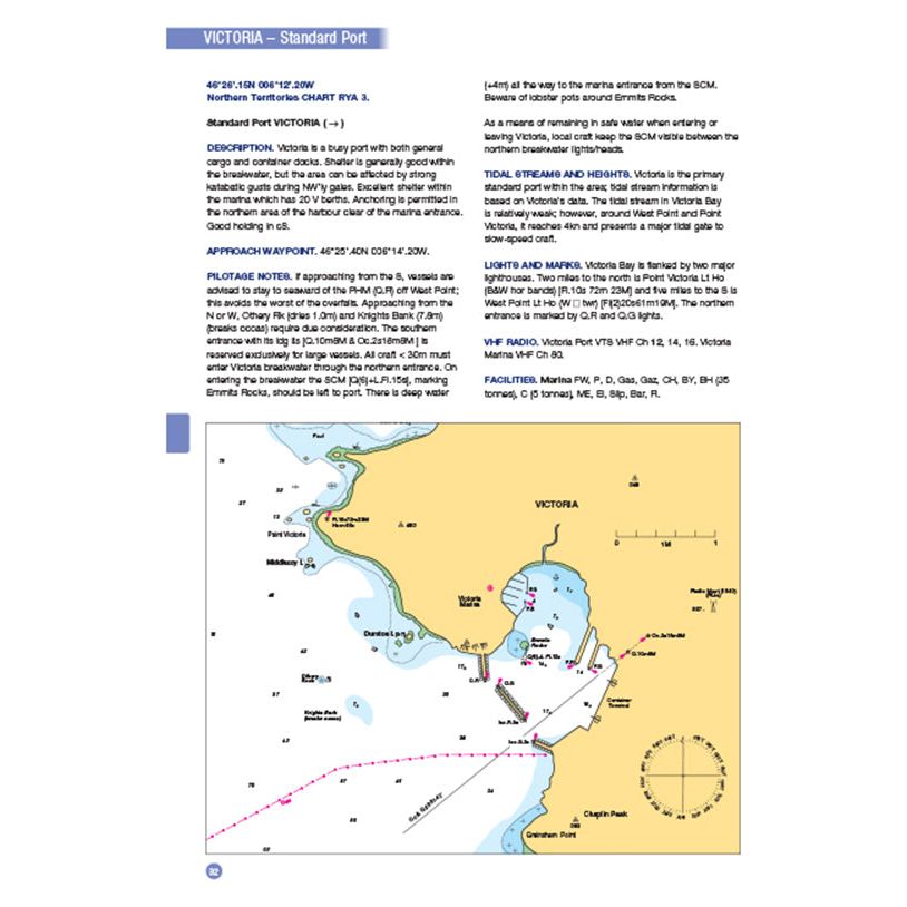 This navigation chart for Victoria Standard Port provides detailed coordinates, approach information, and pilotage notes. It includes a map with highlighted maritime routes and symbols, featuring essential navigational data ideal for maritime activities. Perfectly suited for training purposes in conjunction with the RYA Training Almanac - Northern Hemisphere from the Royal Yachting Association.