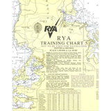 A nautical chart titled "RYA Training Chart TC5 - Southern Hemisphere" by the Royal Yachting Association, with a scale of 1:100,000 at Latitude 40°03'N. Designed for training purposes, it features coastal areas (including a fictitious coastline), depths in meters, and navigational information. There are latitude and longitude markings, maps, and a key chart with depths and soundings.