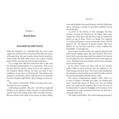 An open book titled "The Last Sea Dog" by Fernhurst Books displays text on two pages, detailing a violent storm during Jean-Luc Van Den Heede's Golden Globe Race. The narrative captures the speaker's struggle amid solo circumnavigations, full of sounds, sensations, and exhaustion.