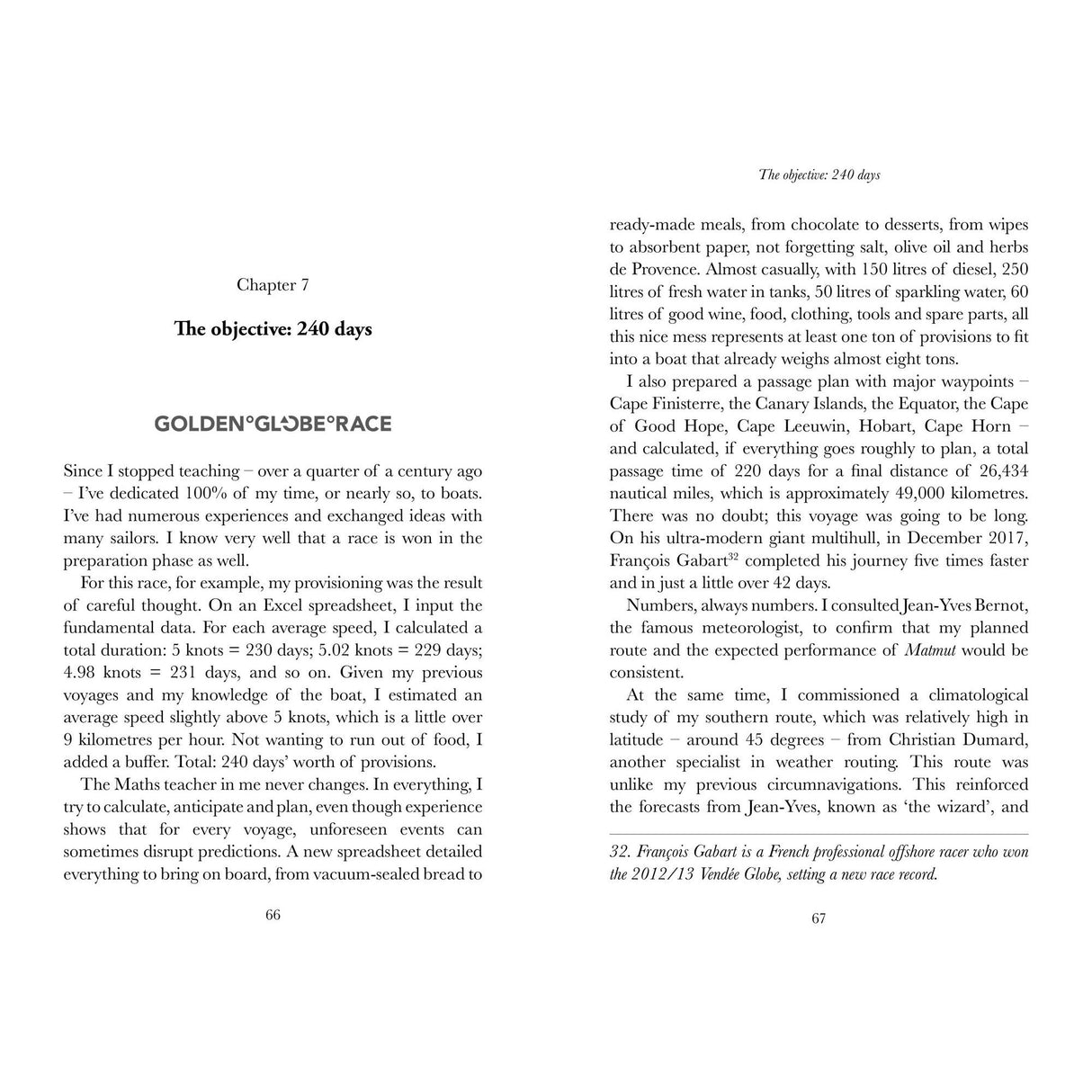 A page from "The Last Sea Dog" by Fernhurst Books covers provisioning essentials for a journey, highlighting food and equipment on board. It also mentions François Gabart, a renowned French sailor known for solo circumnavigations akin to the Golden Globe Race; pages 66 and 67 can be seen.