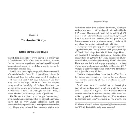 A page from "The Last Sea Dog" by Fernhurst Books covers provisioning essentials for a journey, highlighting food and equipment on board. It also mentions François Gabart, a renowned French sailor known for solo circumnavigations akin to the Golden Globe Race; pages 66 and 67 can be seen.