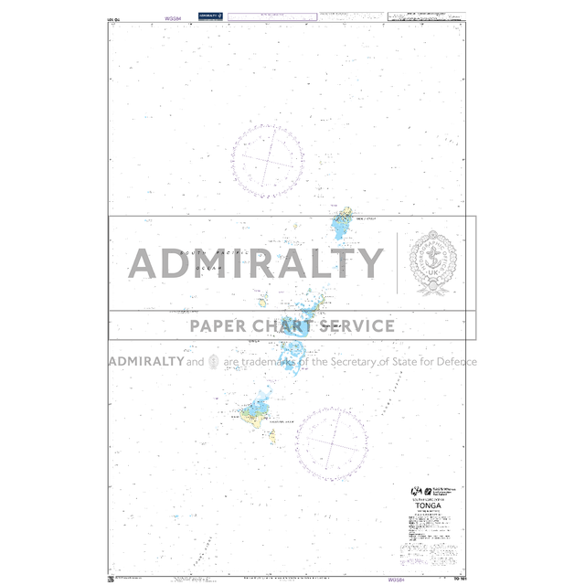 Product image of Admiralty Chart TO101 | Tonga, featuring navigational markings, depth soundings, and coastal features, essential for safe marine navigation. It could be displayed as an art piece or used for navigation on a boat or ship.
