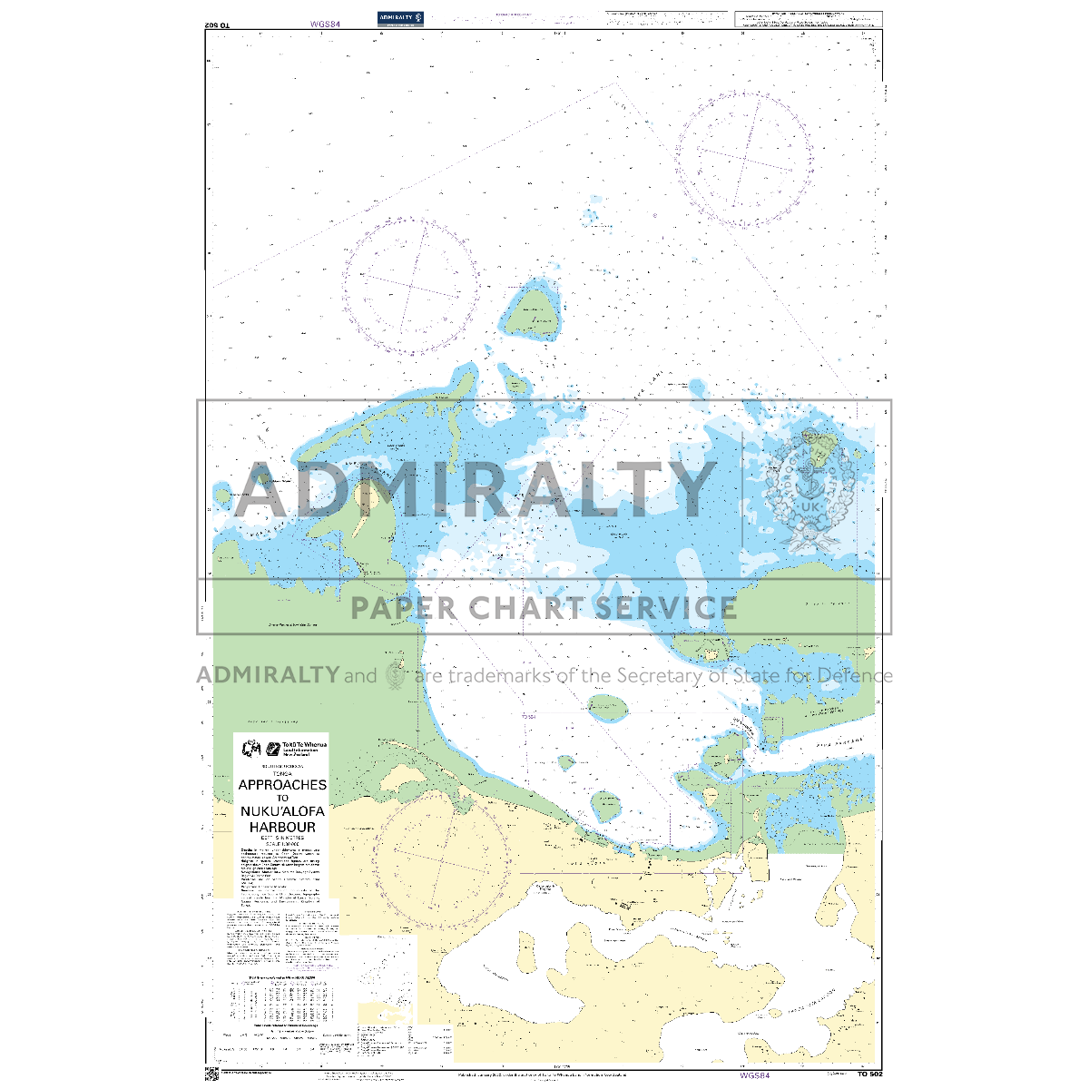 Product image of Admiralty Chart TO502 | Approaches to Nuku'alofa Harbour, featuring navigational markings, depth soundings, and coastal features, essential for safe marine navigation. It could be displayed as an art piece or used for navigation on a boat or ship.