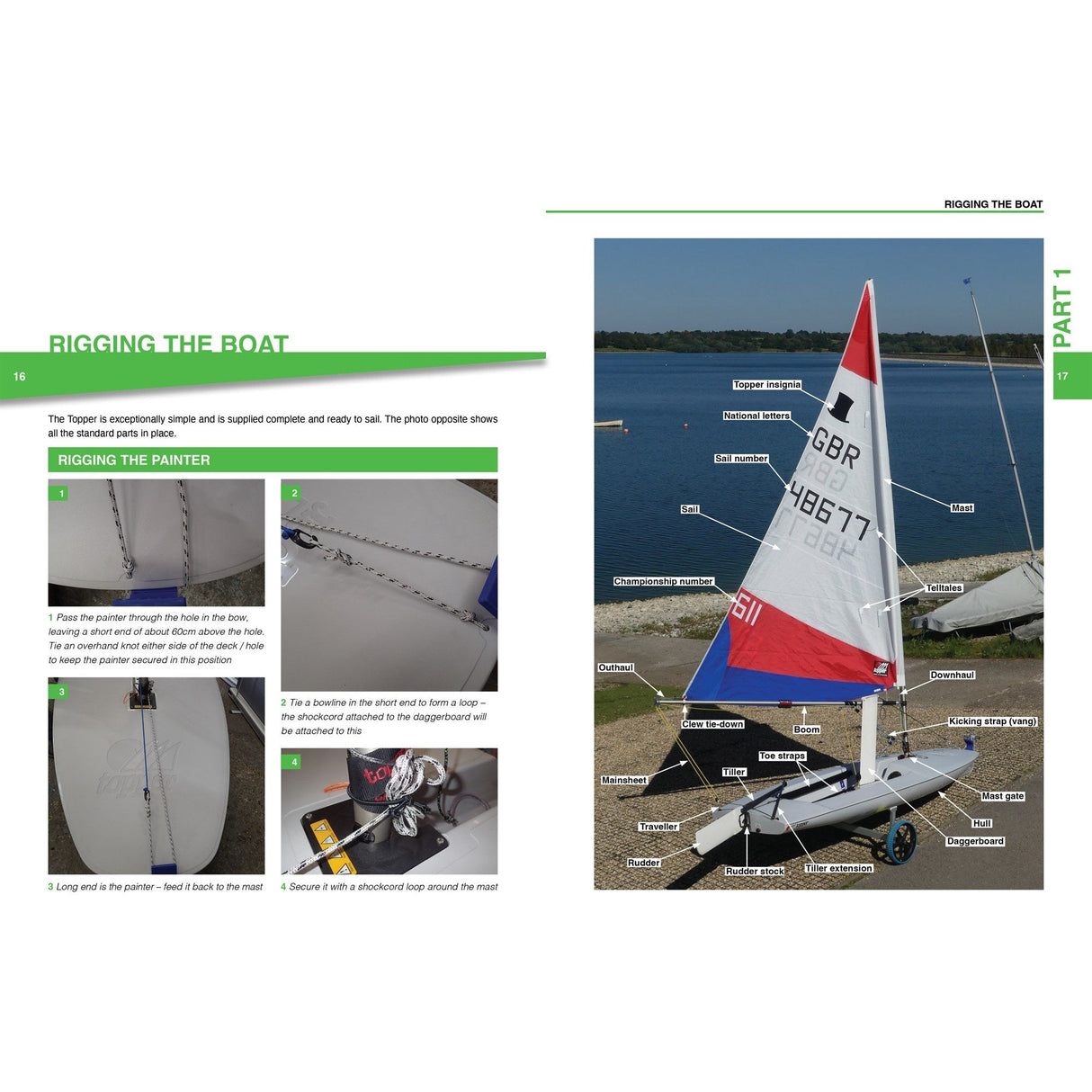 The Topper Book by Fernhurst Books offers an instructional guide with images of rigging a sailboat, including a labeled Topper dinghy diagram. Text and arrows highlight setup procedures and sailing techniques, displaying 'GBR' and '48677' on the sail.