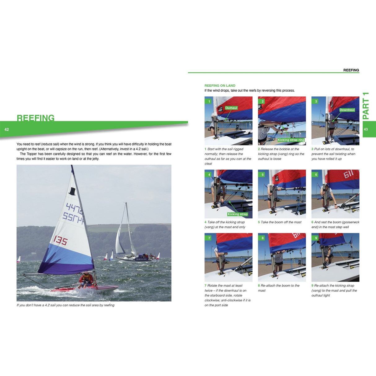 The Topper Book" by Fernhurst Books provides expert sailing advice with images and instructions, detailing sail adjustment and boom positioning. The book features Topper dinghy sailboats in action, and each page includes prominent step numbers for clarity.