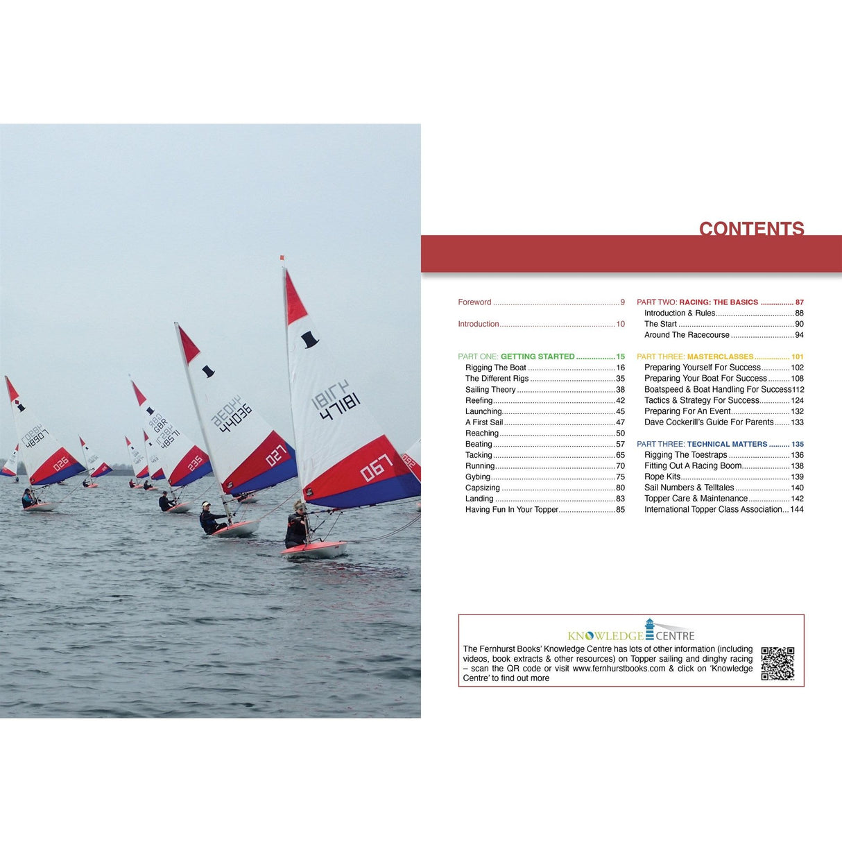 A group skillfully sails Topper dinghies with red and white sails on calm waters, demonstrating racing strategies. On the right, a contents page from "The Topper Book" by Fernhurst Books provides expert guidance for enthusiasts and sailors.