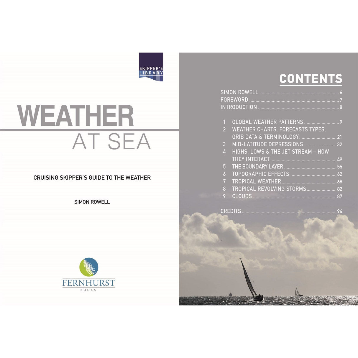 The cover of Fernhurst Books' "Weather at Sea" by Simon Rowell is ideal for understanding sailing weather. Left side: book details; right side: table of contents on weather patterns and storms. Bottom right depicts a sailboat amid clouds, emphasizing weather forecasting art.