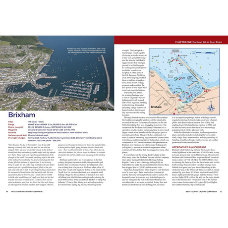 Aerial photo of Brixham harbor with docked boats, lush hills, and coastal buildings; nearby are a nautical chart of Brixham and Fernhurst Books’ West Country Cruising Companion with detailed sailing and local info.