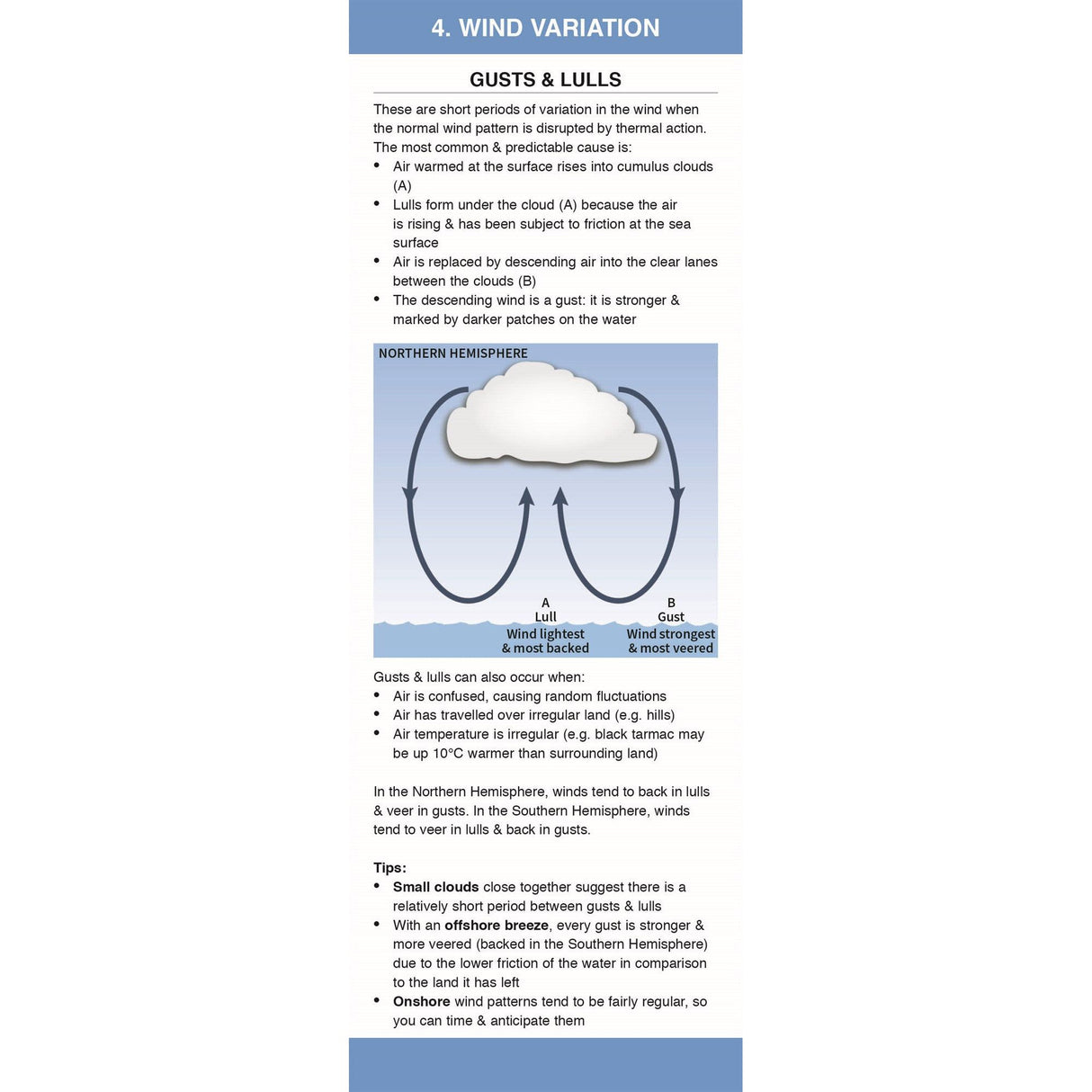 Infographic "4. Wind Variation" in Fernhurst Books' Wind Companion explores gusts, lulls, their causes, and effects with a cloud diagram. A section offers strategies to anticipate these changes to enhance sailing success across hemispheres.