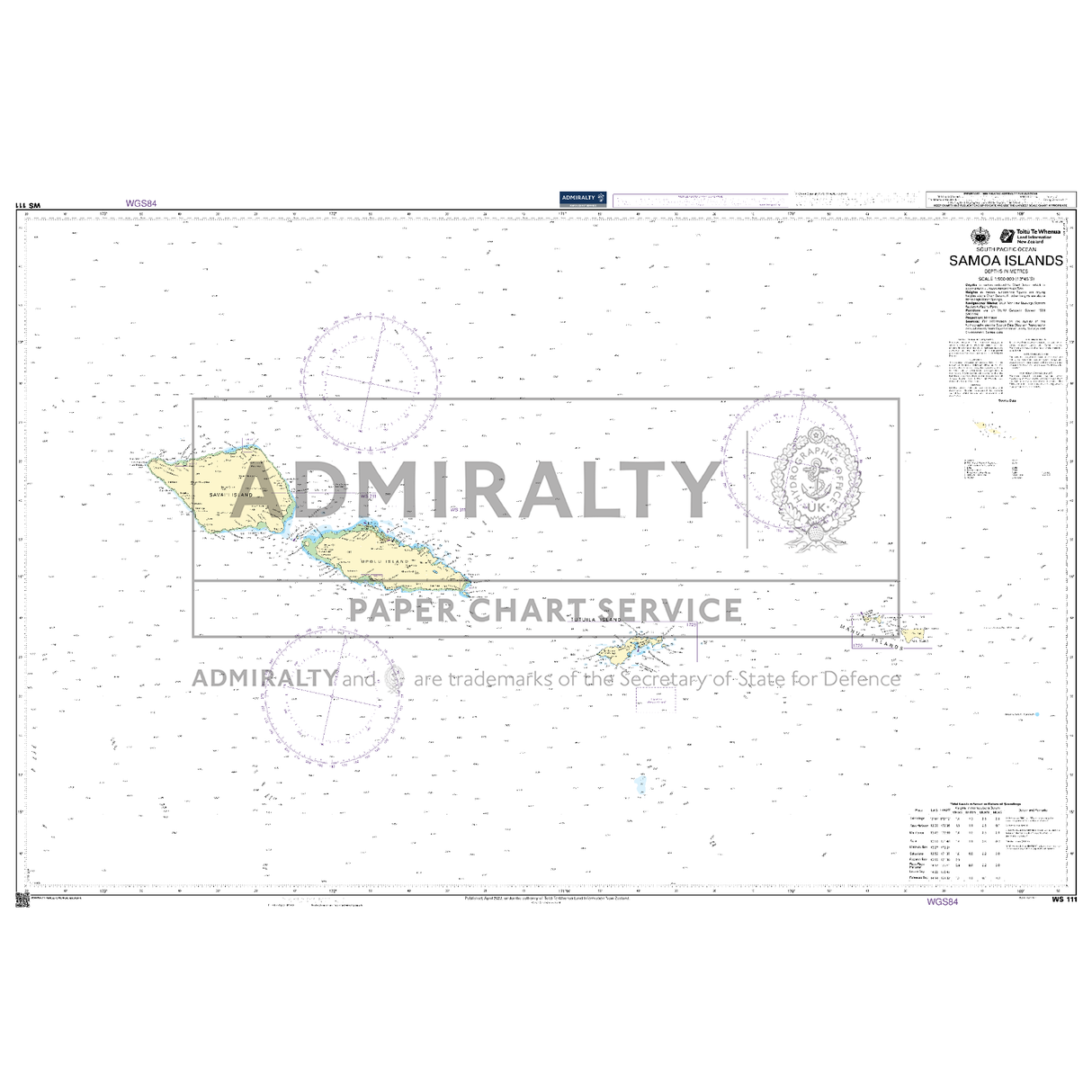 Product image of Admiralty Chart WS111 | Samoa Islands, featuring navigational markings, depth soundings, and coastal features, essential for safe marine navigation. It could be displayed as an art piece or used for navigation on a boat or ship.