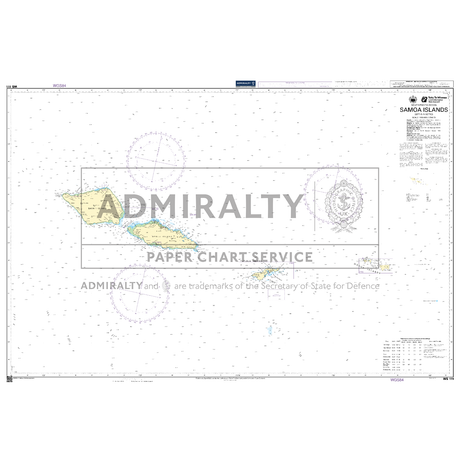 Product image of Admiralty Chart WS111 | Samoa Islands, featuring navigational markings, depth soundings, and coastal features, essential for safe marine navigation. It could be displayed as an art piece or used for navigation on a boat or ship.