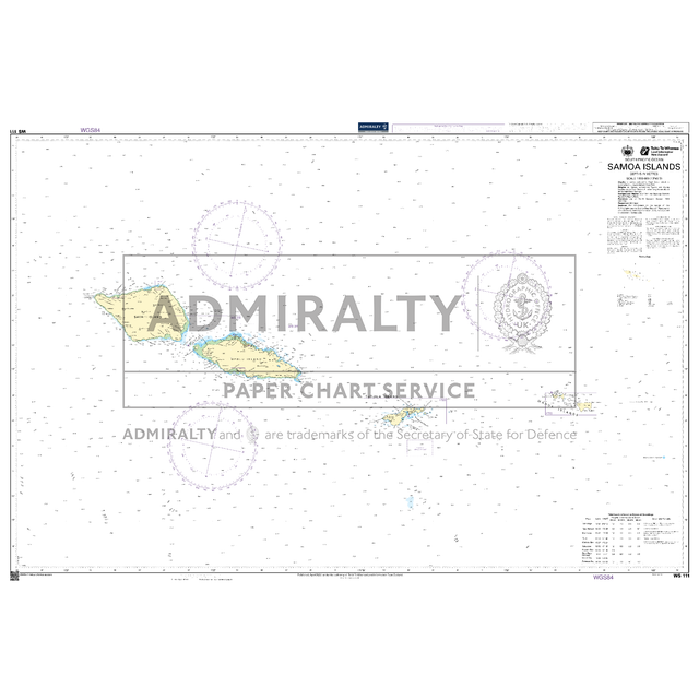 Product image of Admiralty Chart WS111 | Samoa Islands, featuring navigational markings, depth soundings, and coastal features, essential for safe marine navigation. It could be displayed as an art piece or used for navigation on a boat or ship.