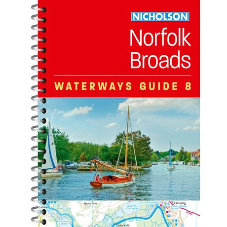 Cover of Nicholson Waterways Guide 8: Norfolk Broads by Nicholson features colorful boats on a river in Broads National Park, lush greenery, a blue sky with clouds, and part of a detailed inland waterways guide map at the bottom edge.