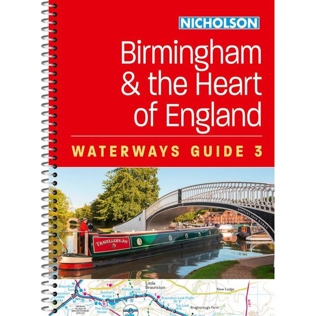 The spiral-bound Nicholson Waterways Guide 3: Birmingham and the Heart of England features a canal boat on Birmingham canals beneath a white footbridge, with a map excerpt at the bottom. Brand: Nicholson.
