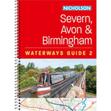 The cover of Nicholson Waterways Guide 2: Severn, Avon and Birmingham by Nicholson shows a canal boat crossing an aqueduct on the River Severn, with a rural backdrop and part of an inland waterways guide map at the bottom.