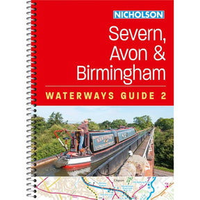 The cover of Nicholson Waterways Guide 2: Severn, Avon and Birmingham by Nicholson shows a canal boat crossing an aqueduct on the River Severn, with a rural backdrop and part of an inland waterways guide map at the bottom.