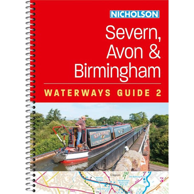 The cover of Nicholson Waterways Guide 2: Severn, Avon and Birmingham by Nicholson shows a canal boat crossing an aqueduct on the River Severn, with a rural backdrop and part of an inland waterways guide map at the bottom.