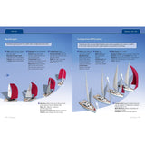 Yachting: Start To Finish by Fernhurst Books features a diagram for dip pole gybe and cruising chute (MPS) setting. Illustrated boats with red and blue spinnakers highlight parts like the masthead and clew, perfect for mastering sailing techniques.