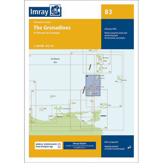 Imray Chart B3: The Grenadines cover features a detailed map from St Vincent to Grenada, with chart boundaries and navigation info. This GPS-compatible marine chart displays title, scale, and Imray branding at the top.